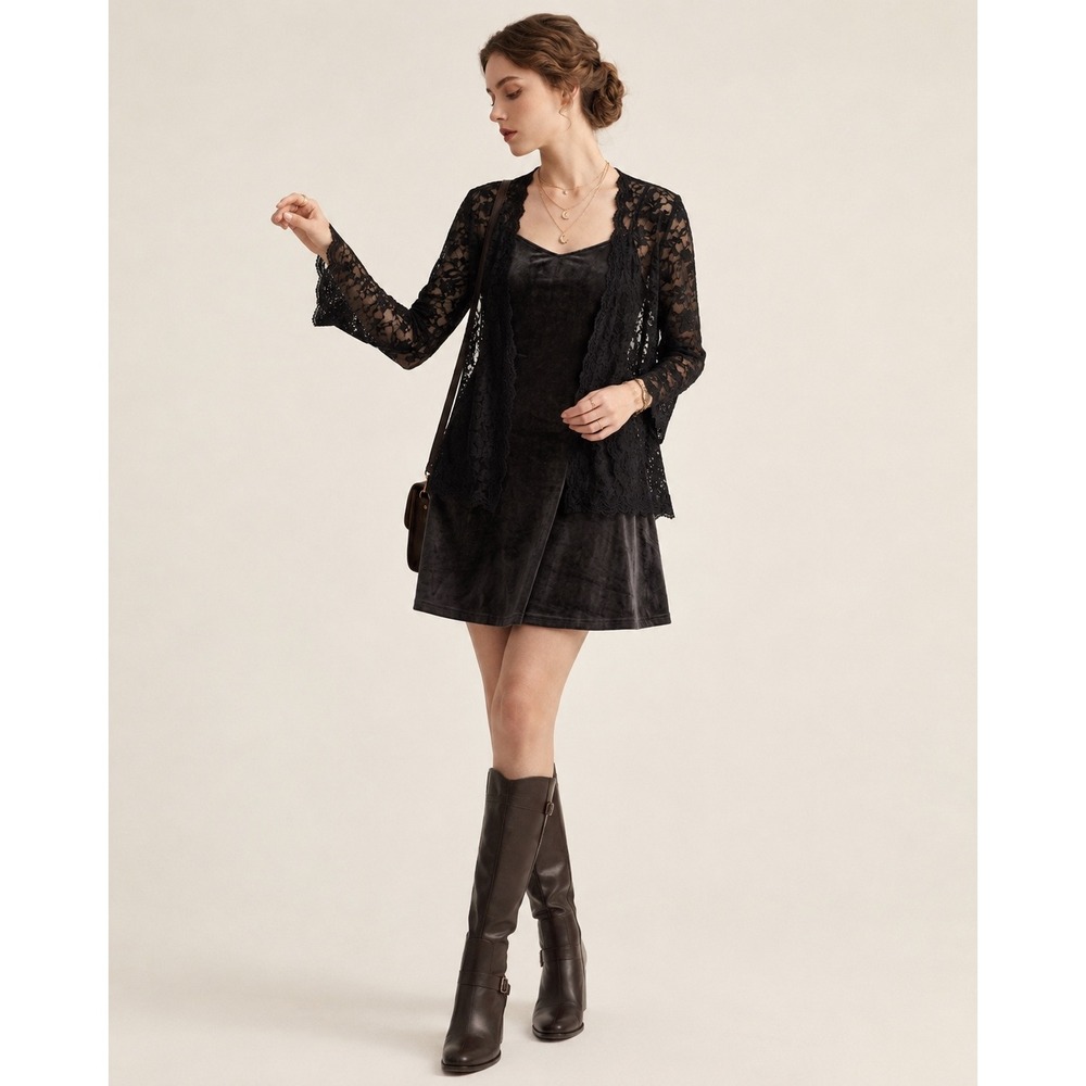 VTG Lace Cardigan Women L/XL Black Whimsy Goth Cottagecore  darkacademia